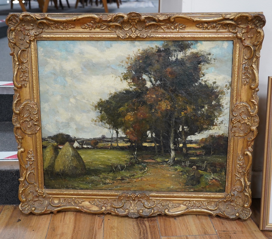 Andrew Reid (Scottish, 1881 - 1932), oil on canvas, Country landscape, gilt frame, 45 x 55cm. Condition - good